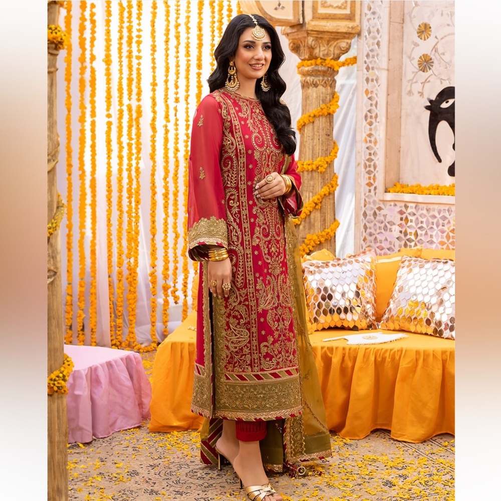 Elegant Red and Gold Embroidered Dress